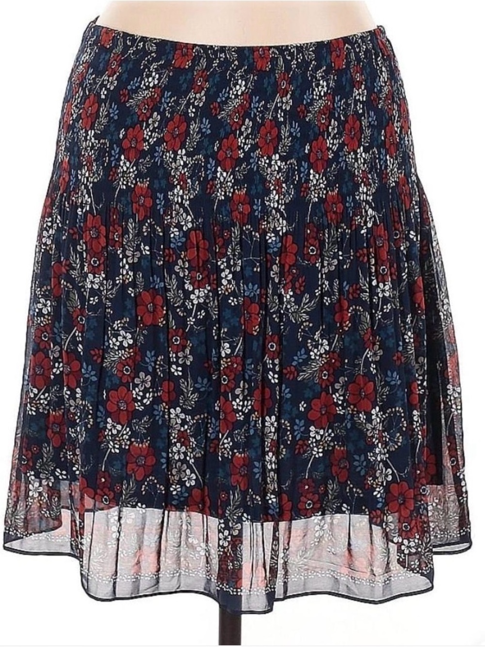 Max Studio Navy Floral Pleated Skater Skirt with Red Flowers
